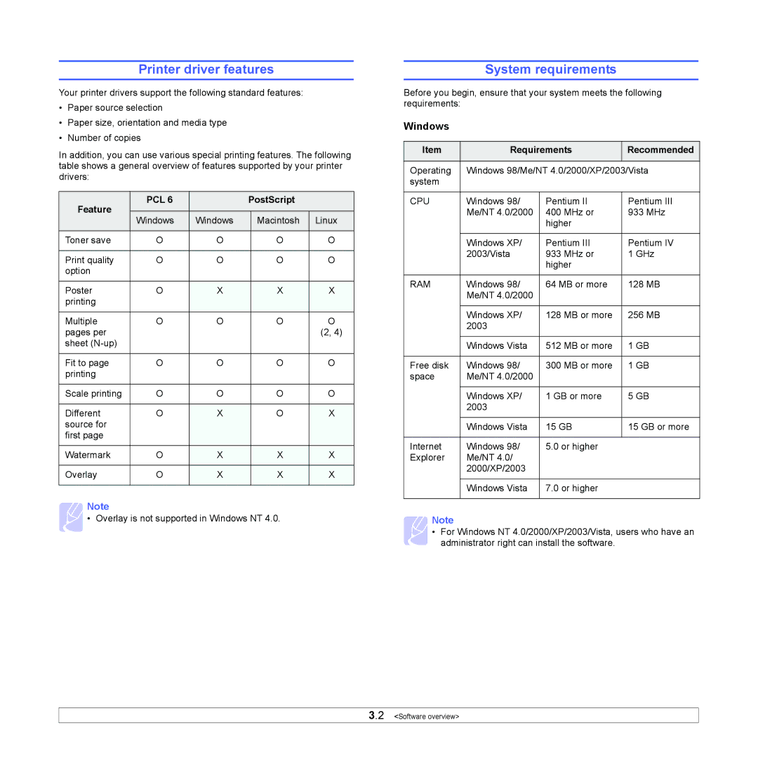 Samsung ML-4050 Series manual Printer driver features, System requirements, Windows 