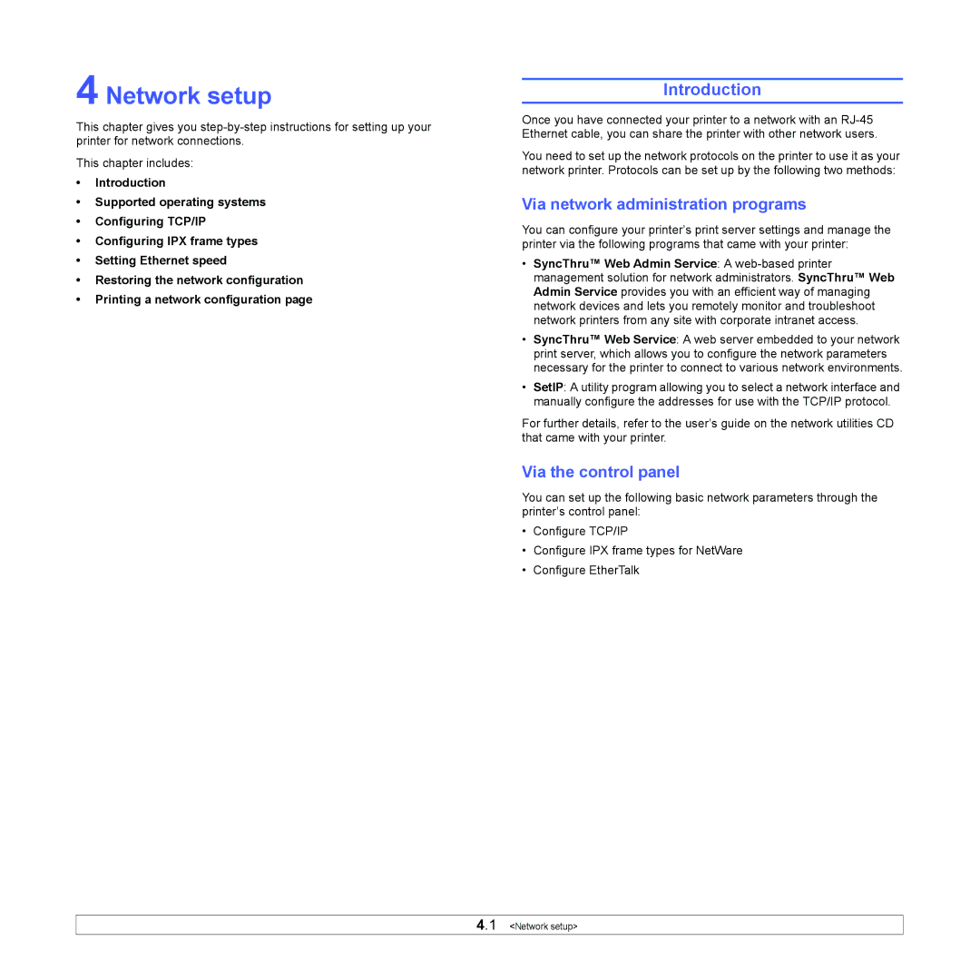 Samsung ML-4050 Series manual Network setup, Via network administration programs, Via the control panel 