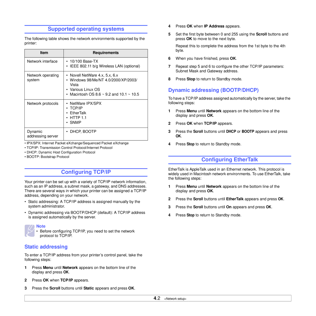 Samsung ML-4050 Series manual Supported operating systems, Configuring TCP/IP, Configuring EtherTalk, Static addressing 