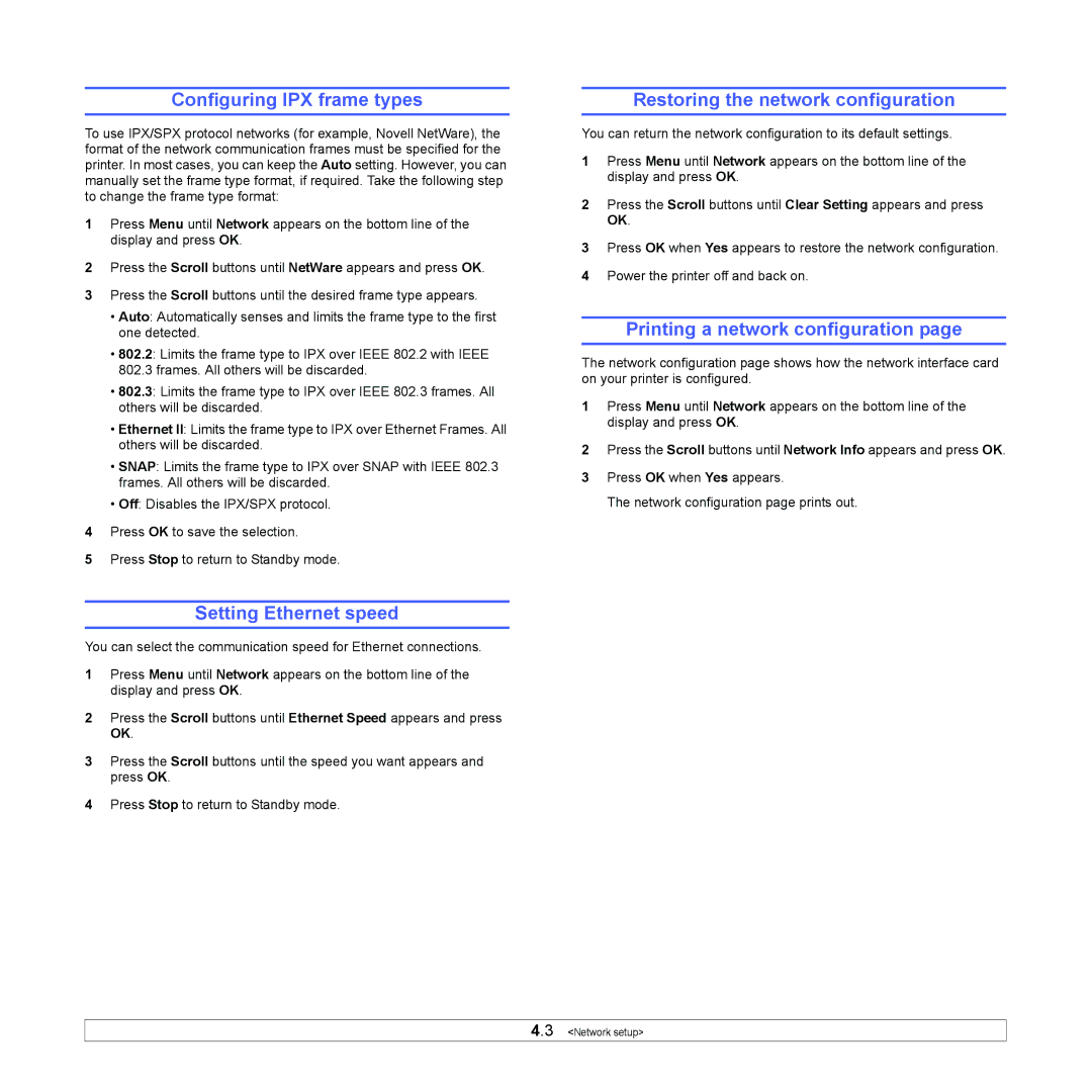 Samsung ML-4050 Series manual Configuring IPX frame types, Setting Ethernet speed, Restoring the network configuration 