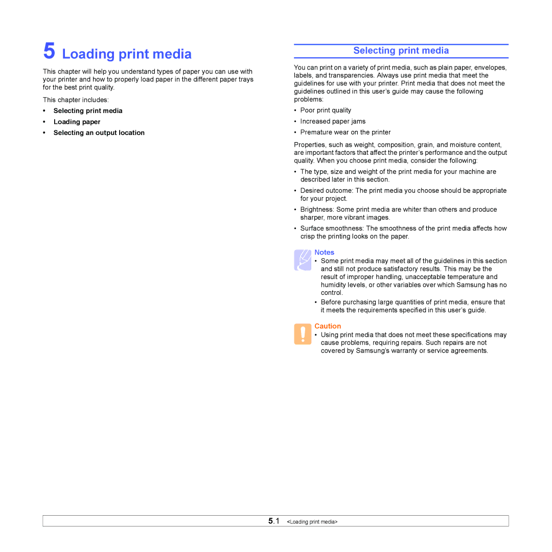 Samsung ML-4050 Series manual Loading print media, Selecting print media 