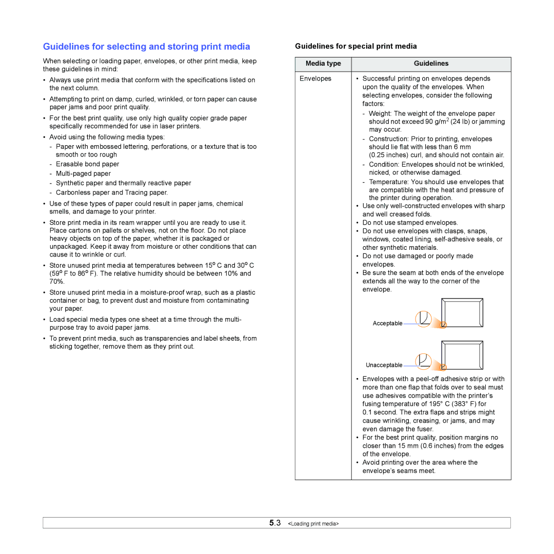 Samsung ML-4050 Series manual Guidelines for selecting and storing print media, Guidelines for special print media 