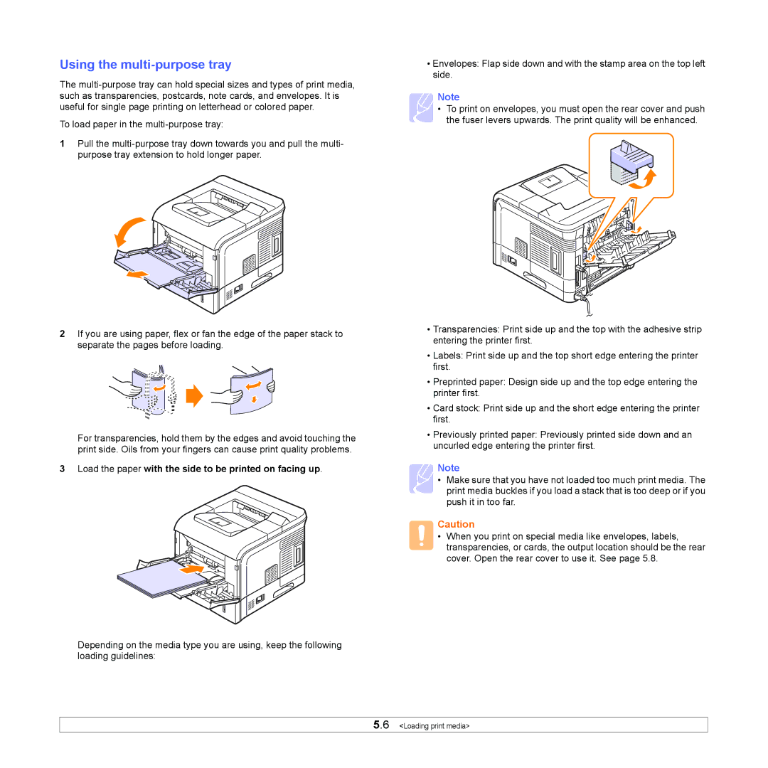 Samsung ML-4050 Series manual Using the multi-purpose tray, Load the paper with the side to be printed on facing up 