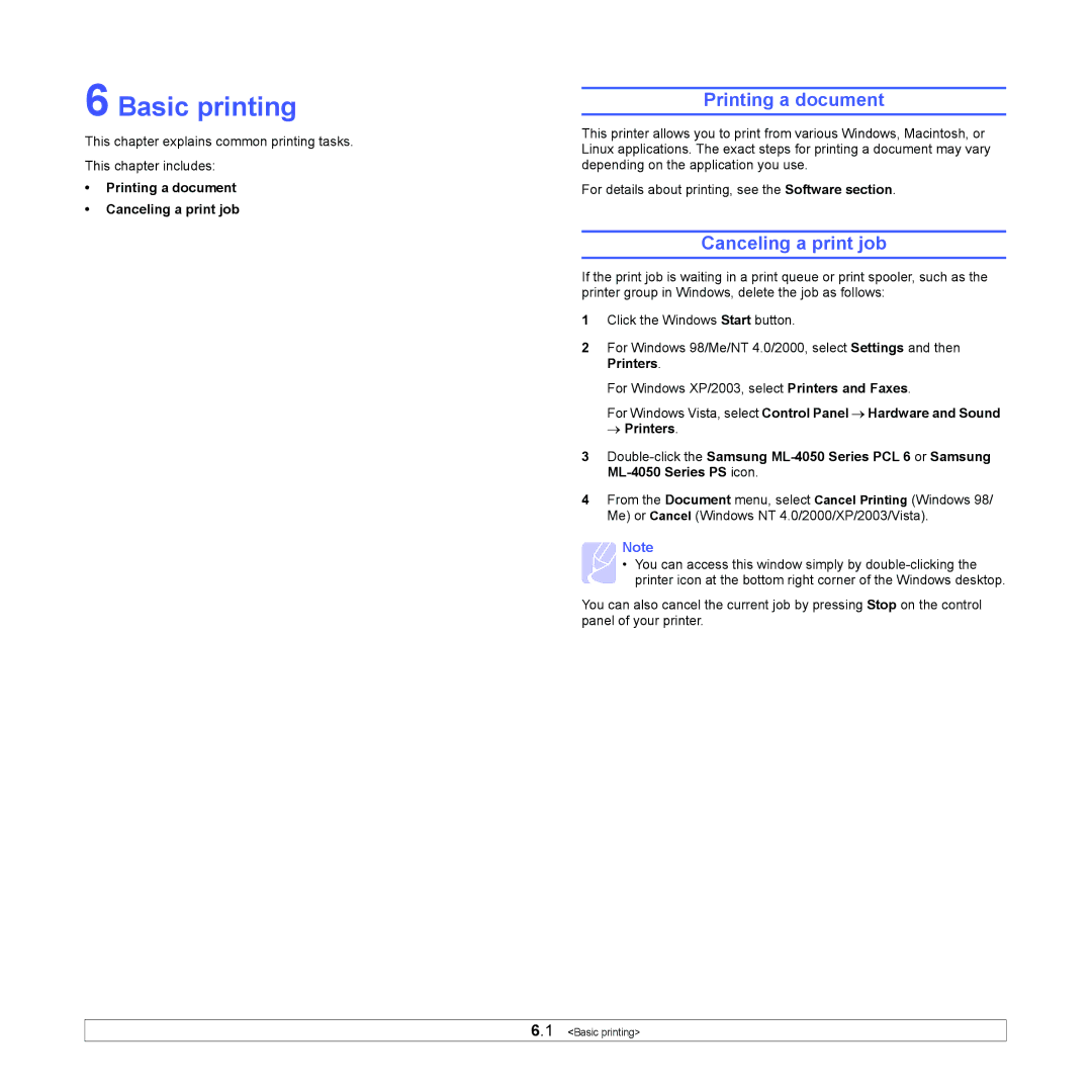 Samsung ML-4050 Series manual Basic printing, Printing a document, Canceling a print job 