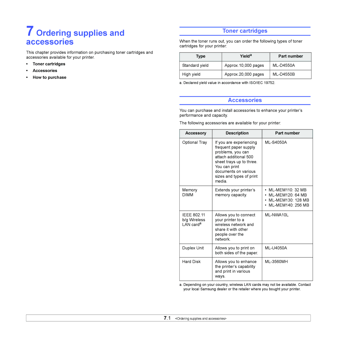 Samsung ML-4050 Series manual Ordering supplies and accessories, Toner cartridges, Accessories 