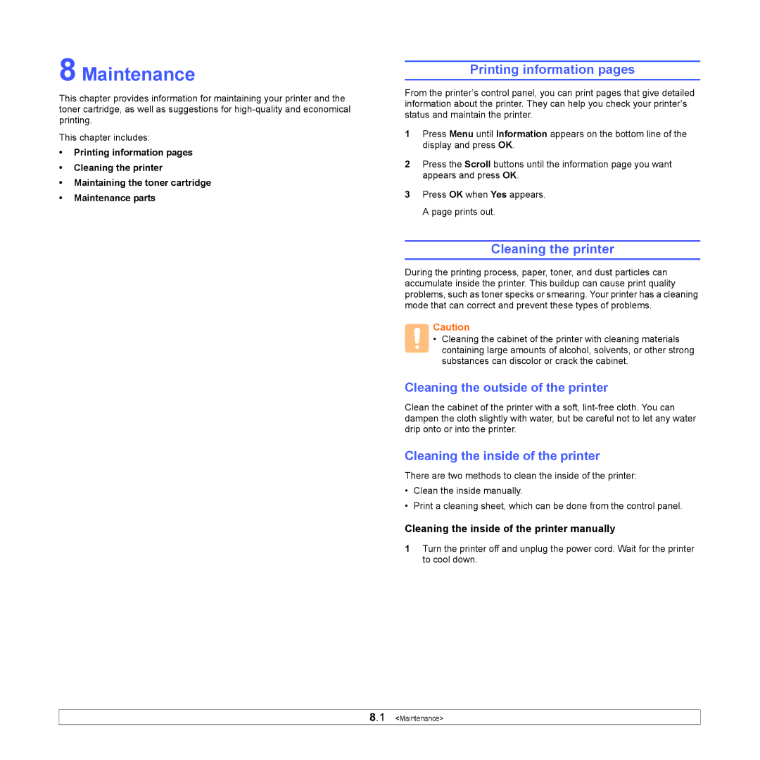 Samsung ML-4050 Series Maintenance, Printing information pages, Cleaning the printer, Cleaning the outside of the printer 