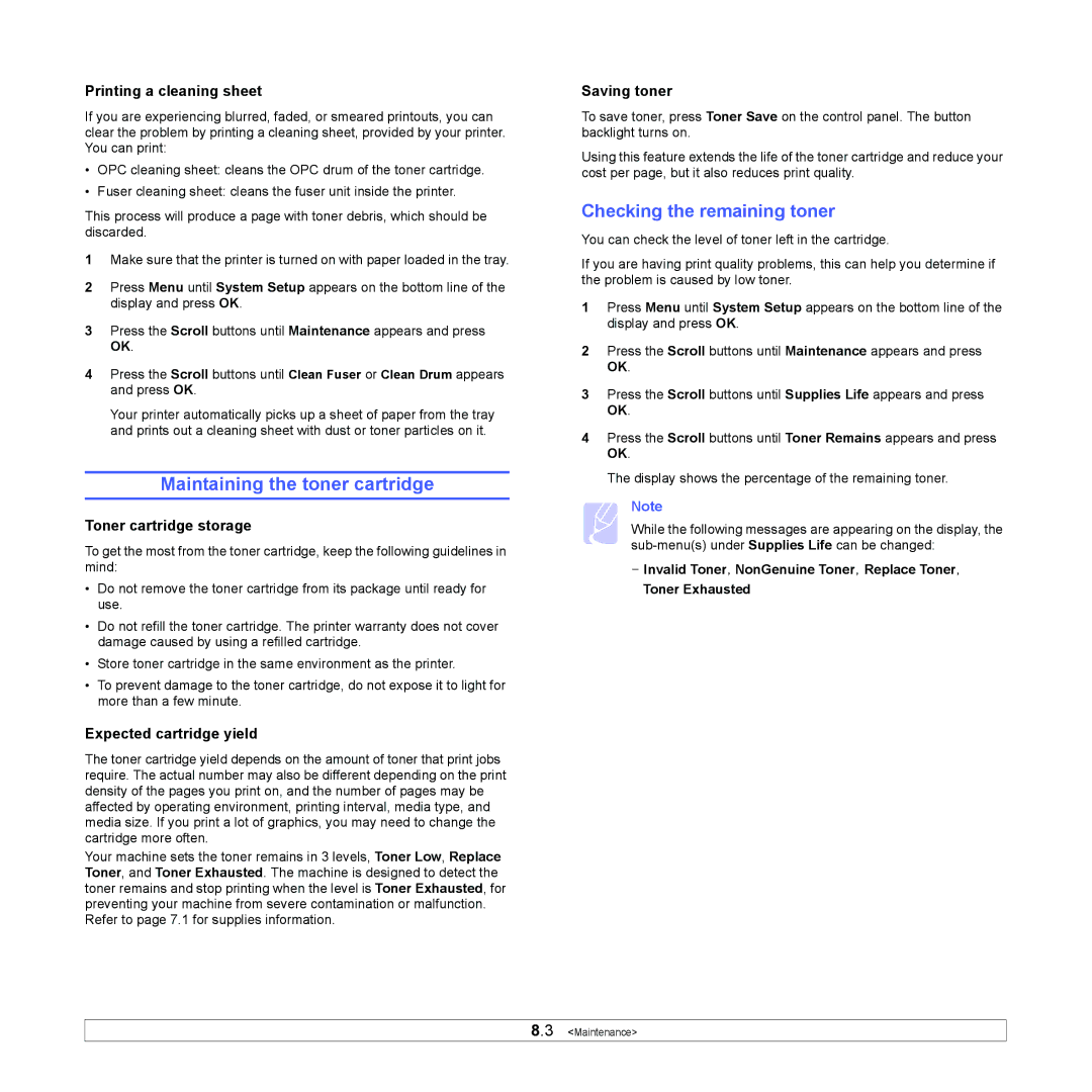 Samsung ML-4050 Series manual Maintaining the toner cartridge, Checking the remaining toner 