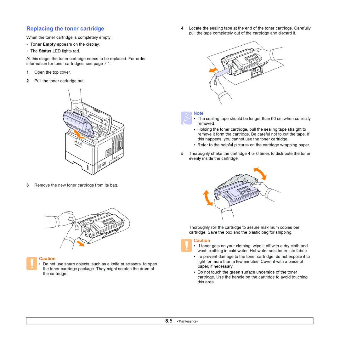 Samsung ML-4050 Series manual Replacing the toner cartridge 