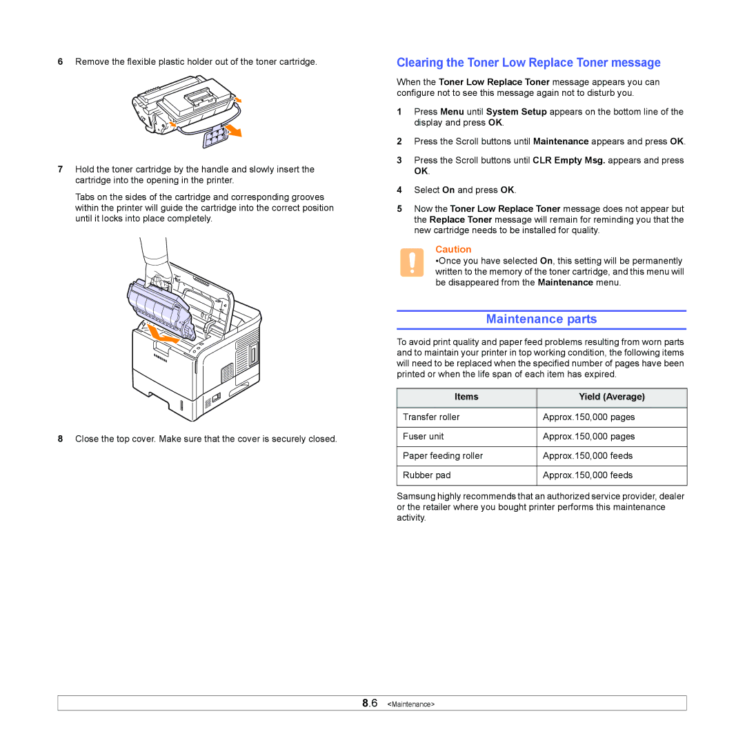 Samsung ML-4050 Series manual Maintenance parts, Clearing the Toner Low Replace Toner message, Items Yield Average 