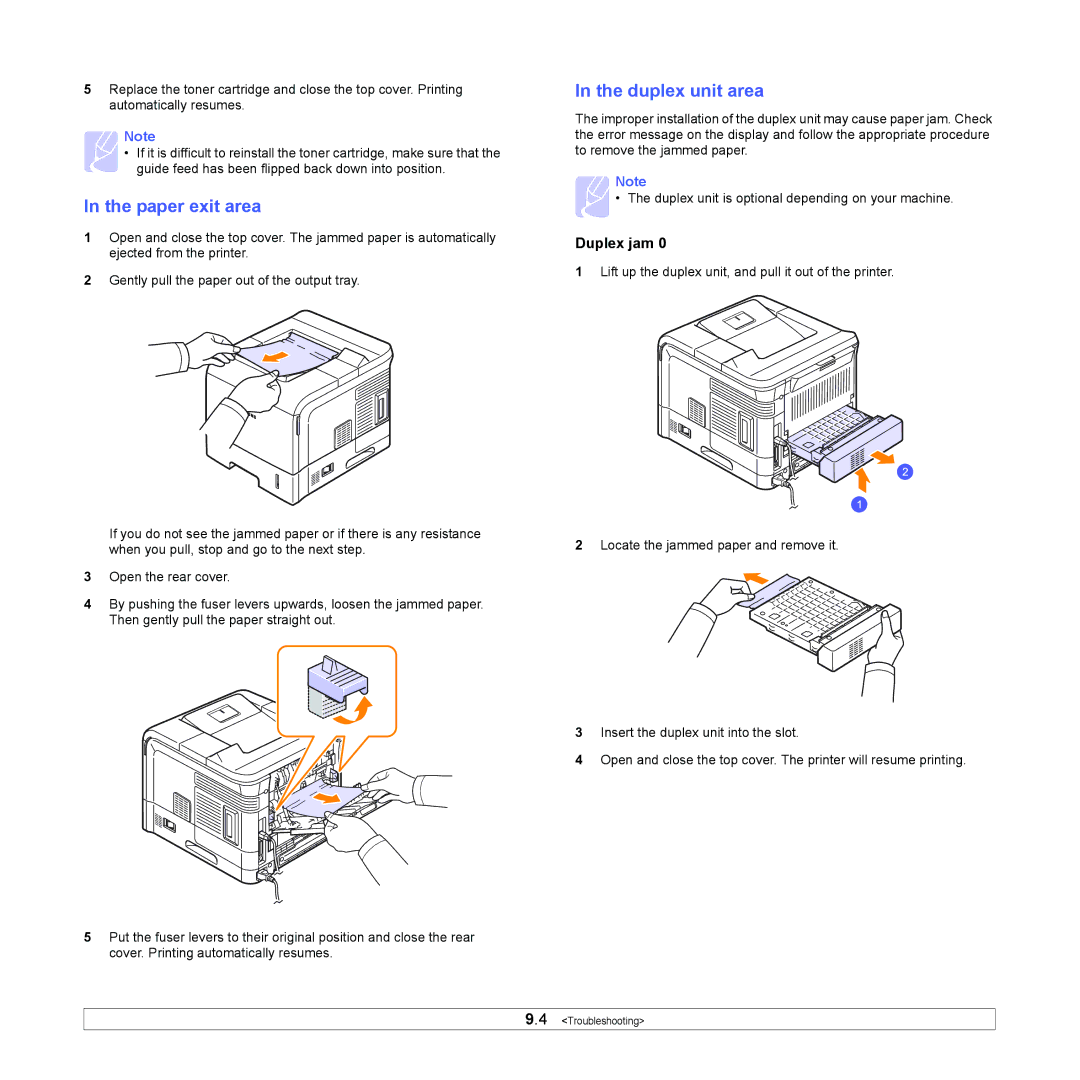 Samsung ML-4050 Series manual Paper exit area, Duplex unit area, Duplex jam 