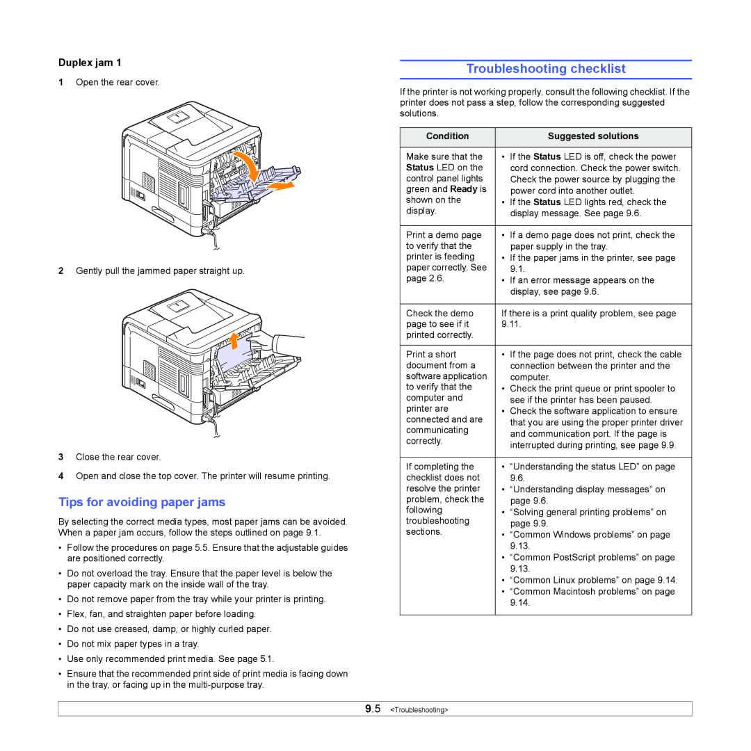 Samsung ML-4050 Series manual Troubleshooting checklist, Tips for avoiding paper jams, Condition Suggested solutions 