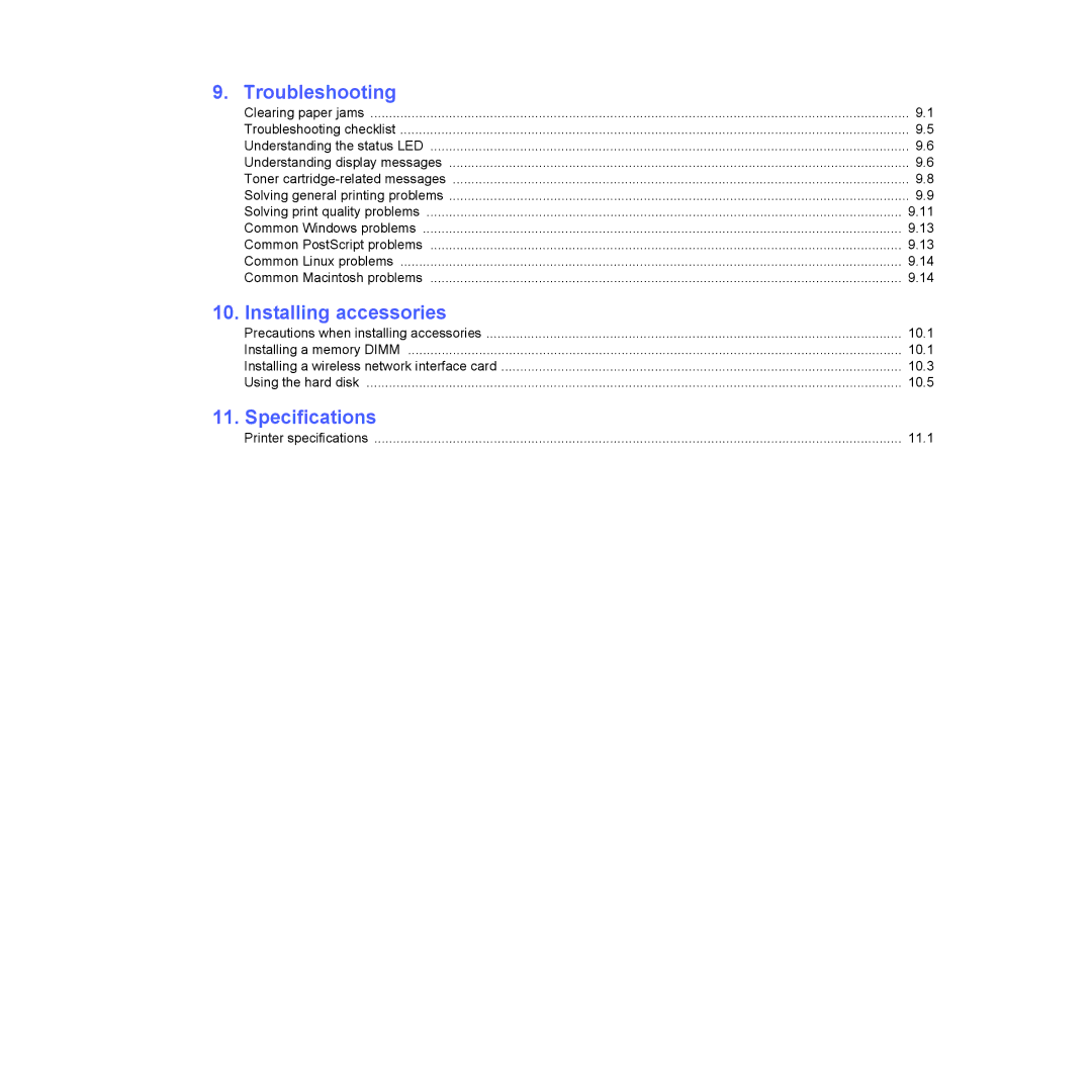 Samsung ML-4050 Series manual Troubleshooting, Installing accessories, Specifications 