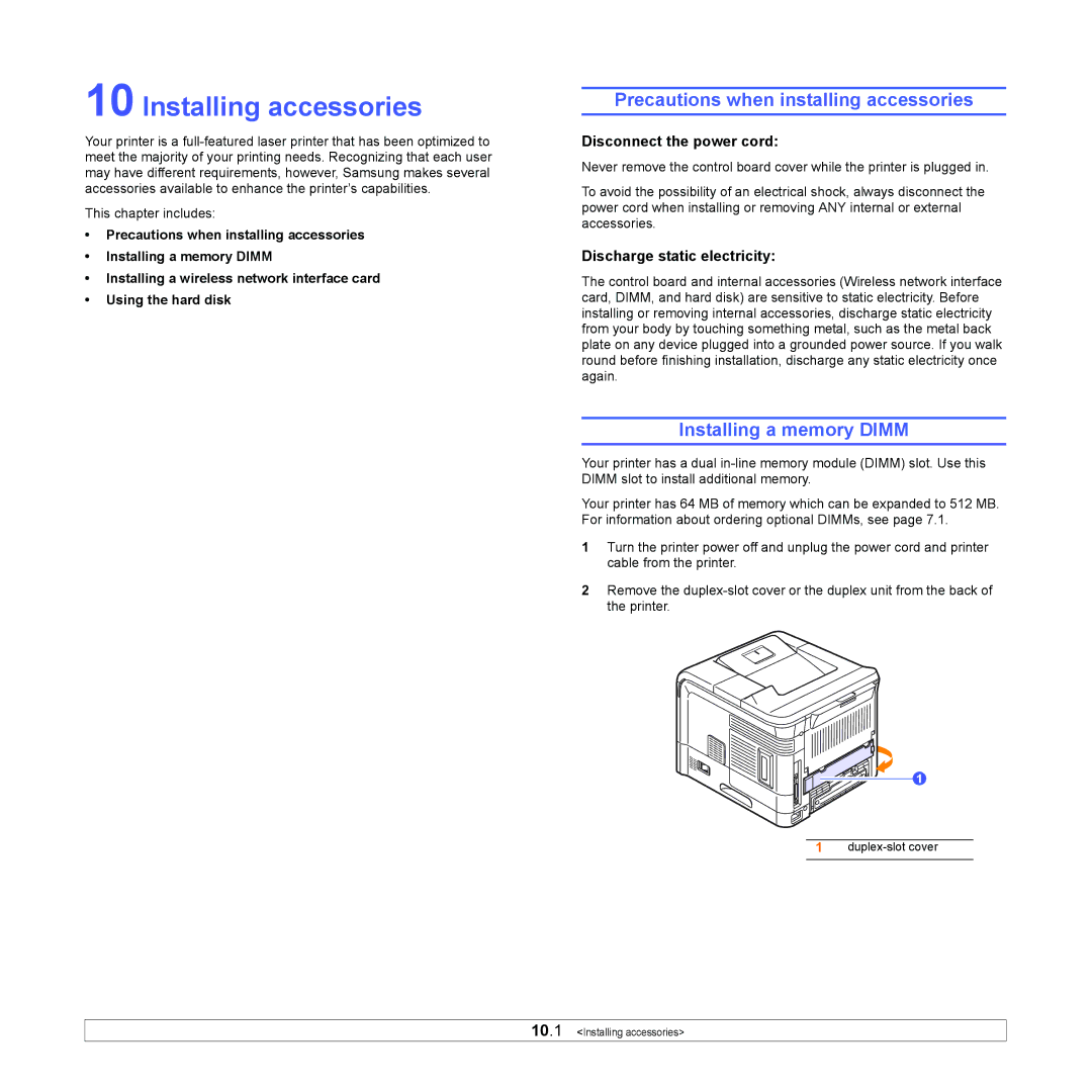 Samsung ML-4050 Series manual Installing accessories, Precautions when installing accessories, Installing a memory Dimm 