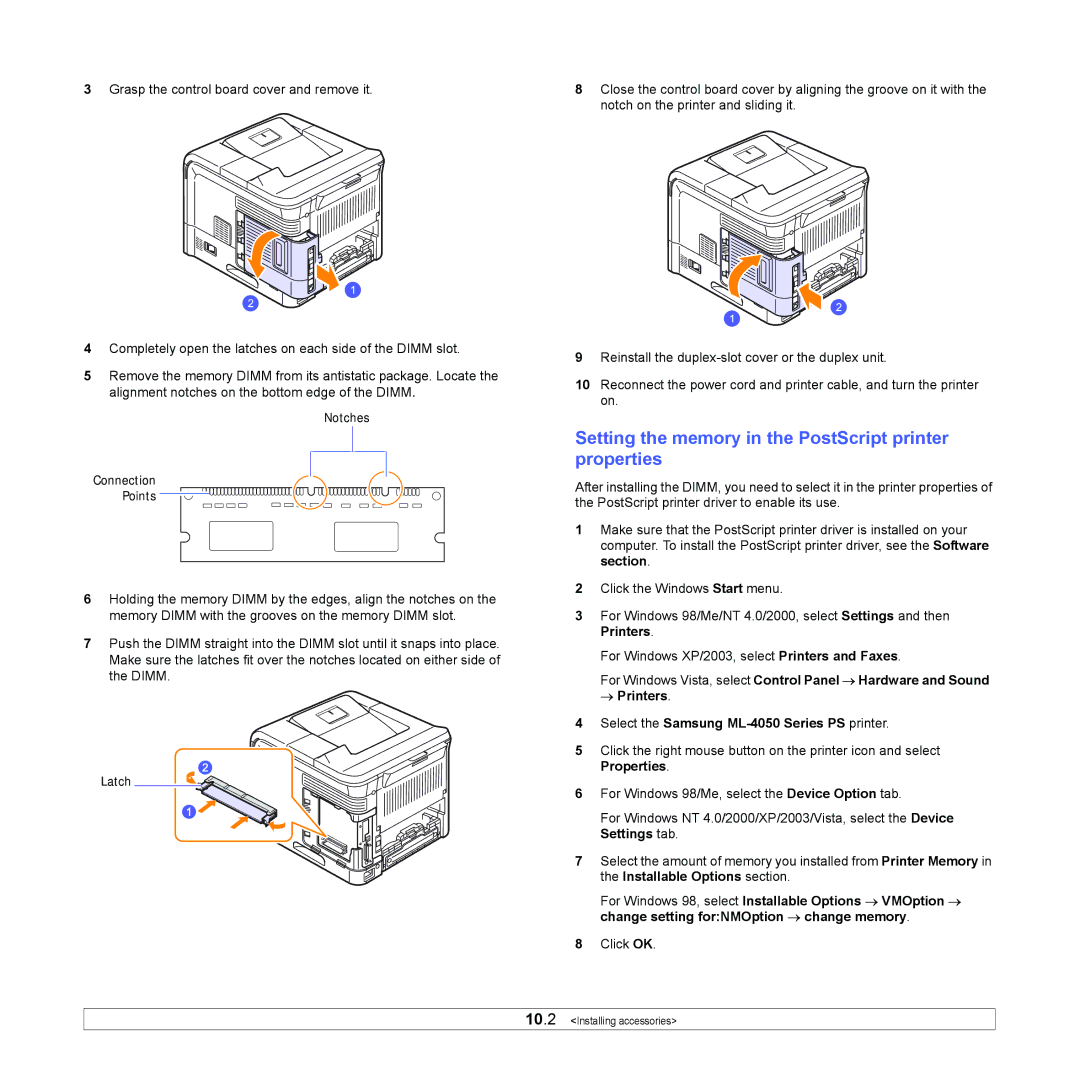 Samsung ML-4050 Series manual Setting the memory in the PostScript printer properties 