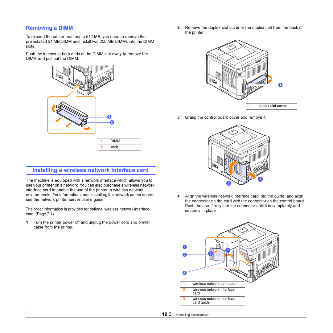 Samsung ML-4050 Series manual Installing a wireless network interface card, Removing a Dimm 