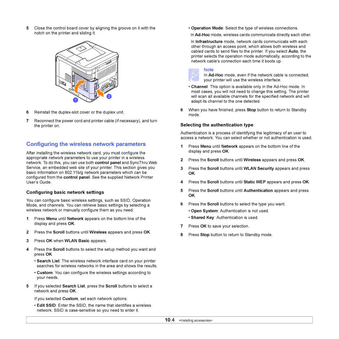 Samsung ML-4050 Series manual Configuring the wireless network parameters, Selecting the authentication type 