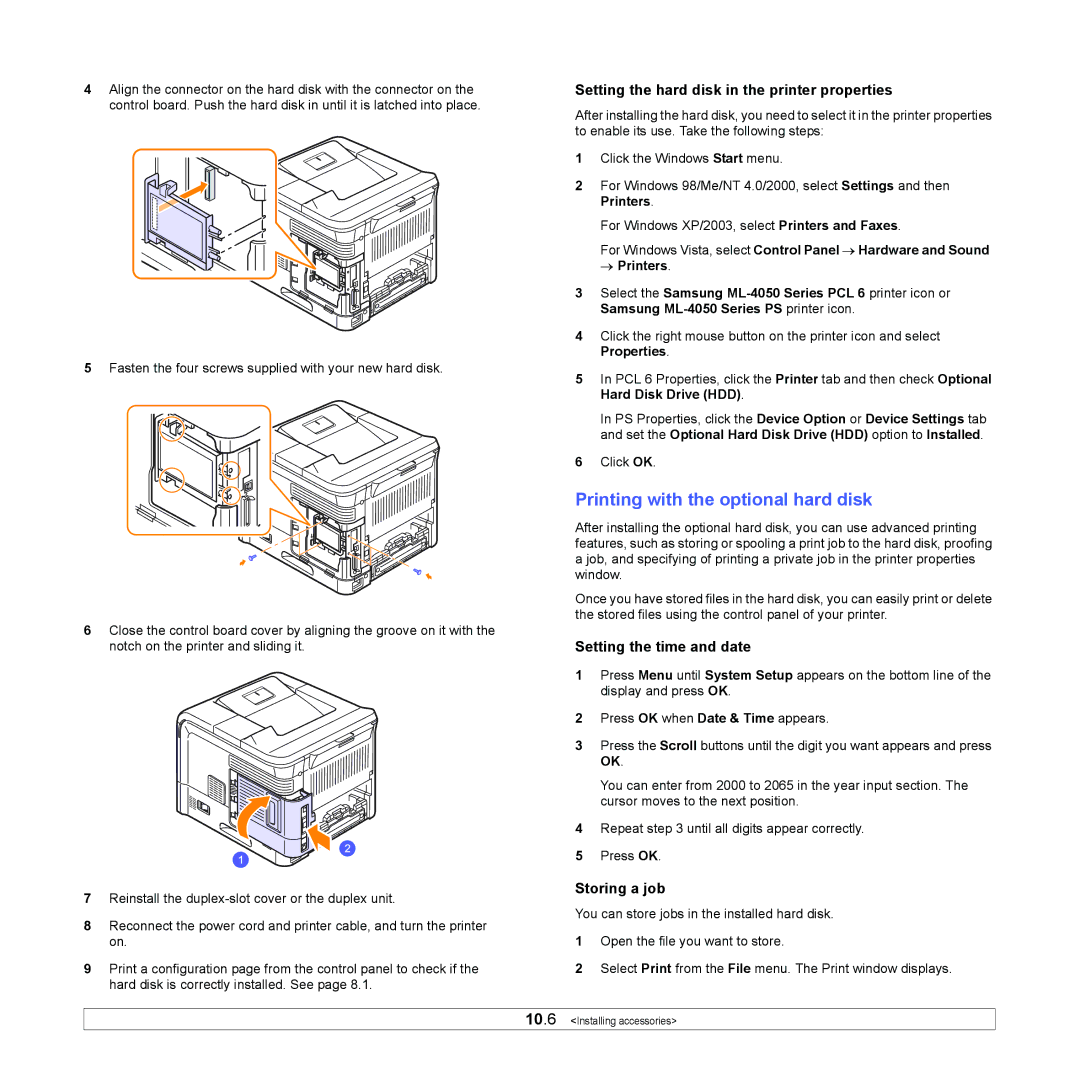 Samsung ML-4050 Series manual Printing with the optional hard disk, Setting the hard disk in the printer properties 