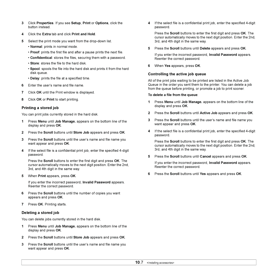 Samsung ML-4050 Series manual Printing a stored job, Deleting a stored job, Controlling the active job queue 