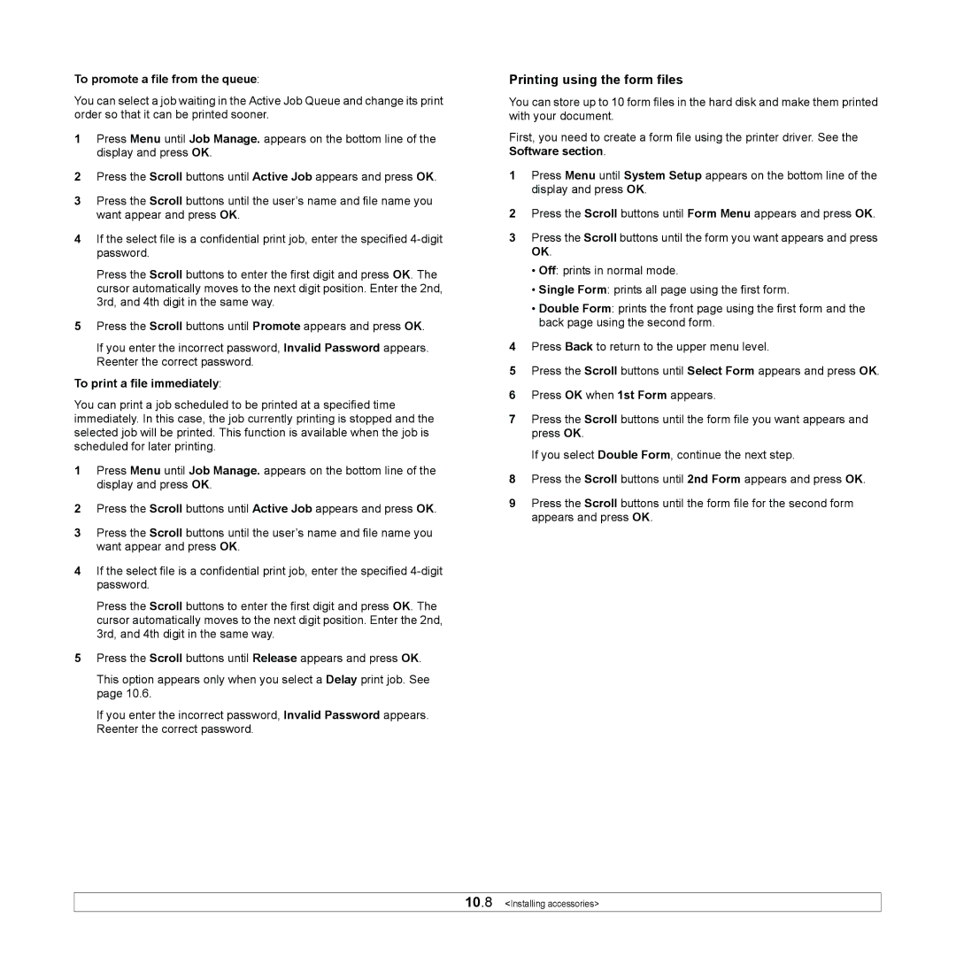 Samsung ML-4050 Series manual Printing using the form files, To promote a file from the queue, To print a file immediately 