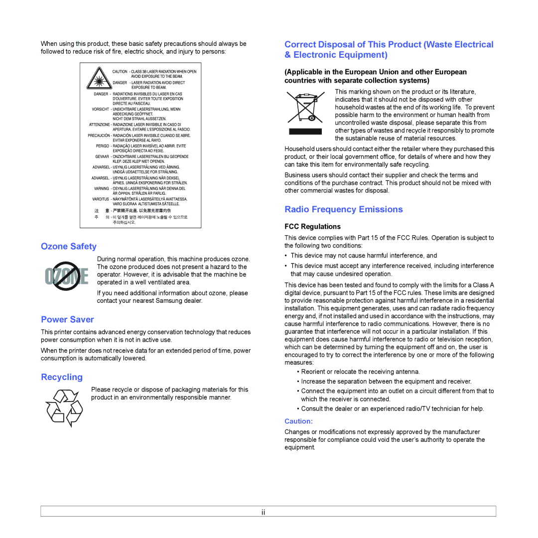 Samsung ML-4050 Series manual Ozone Safety, Power Saver, Recycling, Radio Frequency Emissions, FCC Regulations 