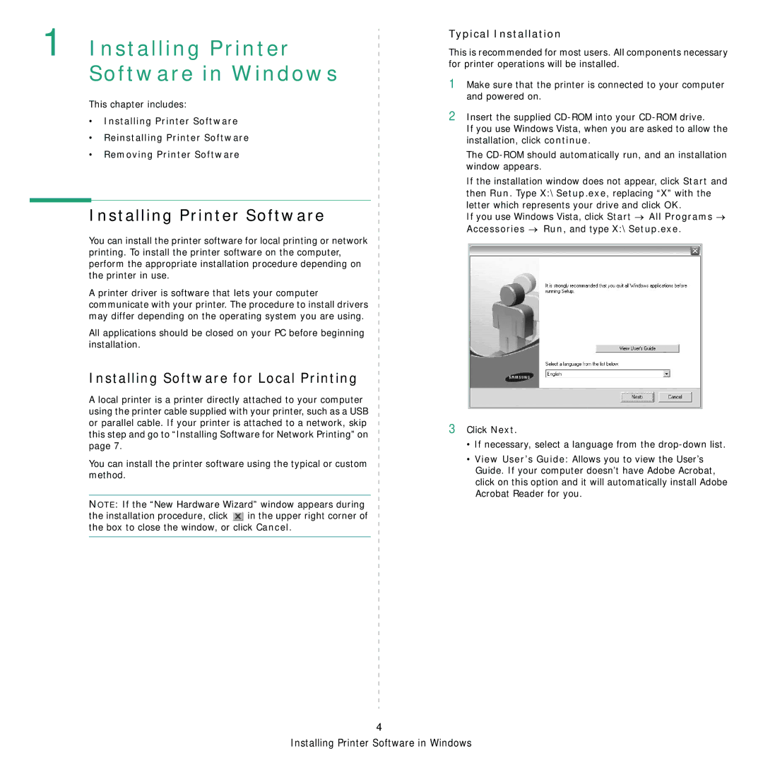 Samsung ML-4050 Series manual Installing Printer Software, Installing Software for Local Printing, Typical Installation 