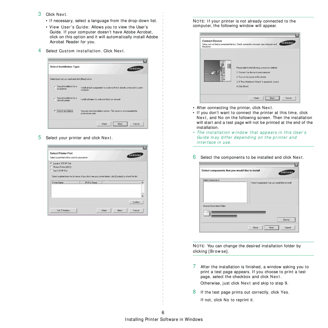 Samsung ML-4050 Series manual Select Custom installation. Click Next, Select the components to be installed and click Next 