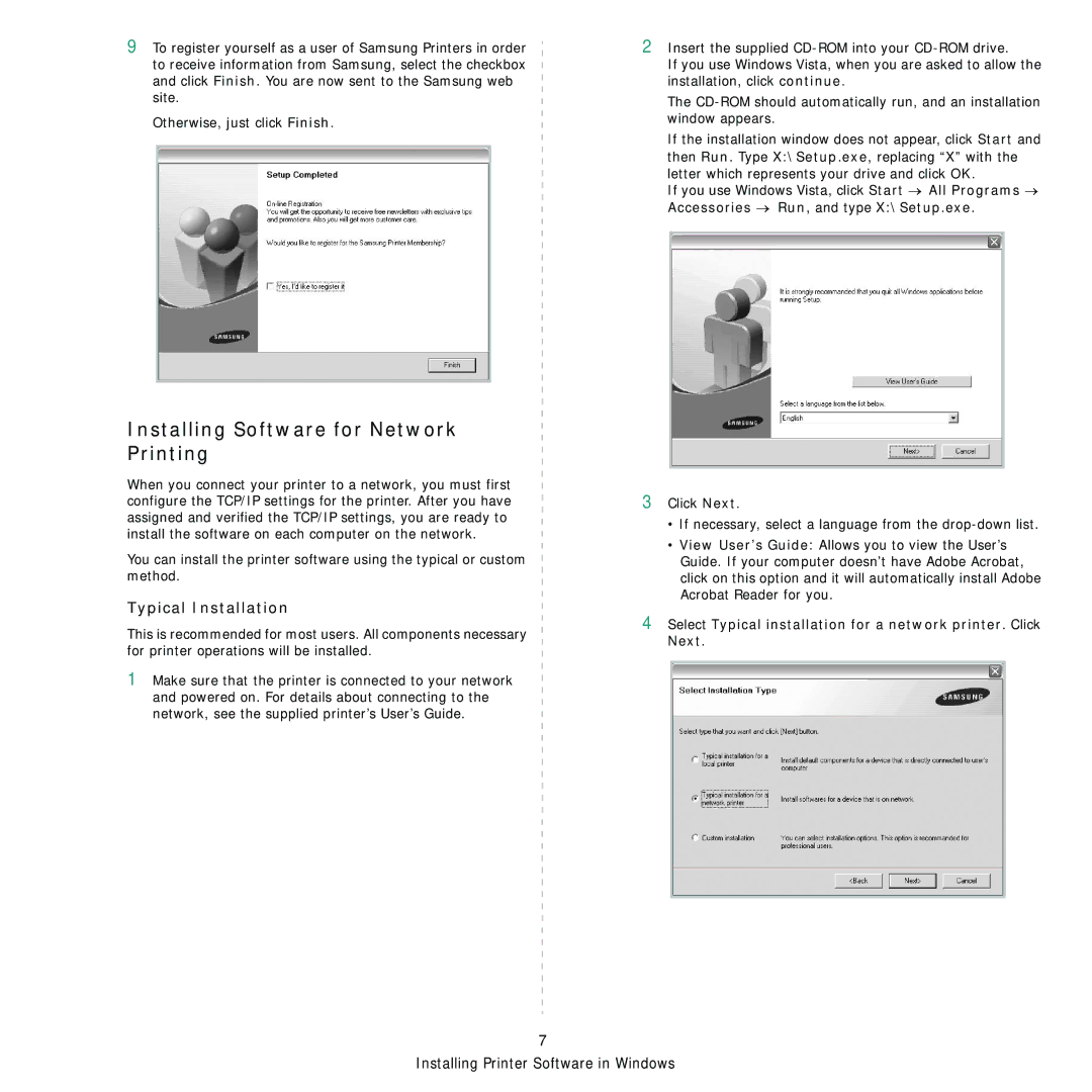 Samsung ML-4050 Series manual Installing Software for Network Printing, Typical Installation 