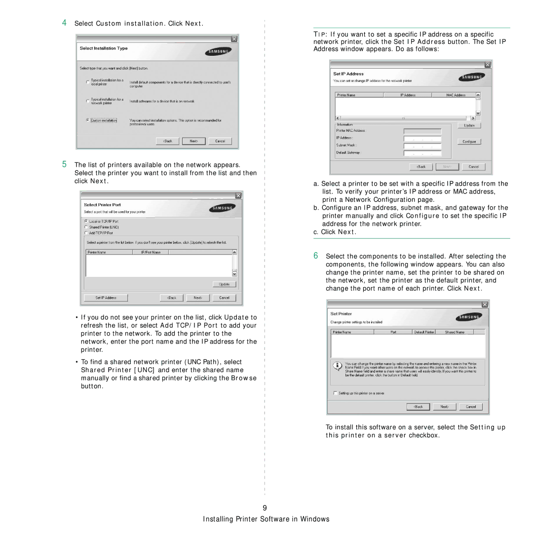 Samsung ML-4050 Series manual Select Custom installation. Click Next 