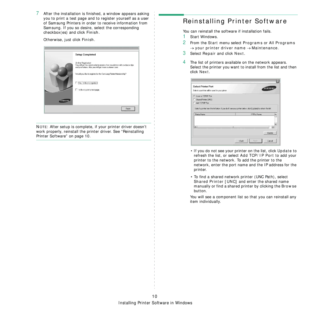 Samsung ML-4050 Series manual Reinstalling Printer Software 