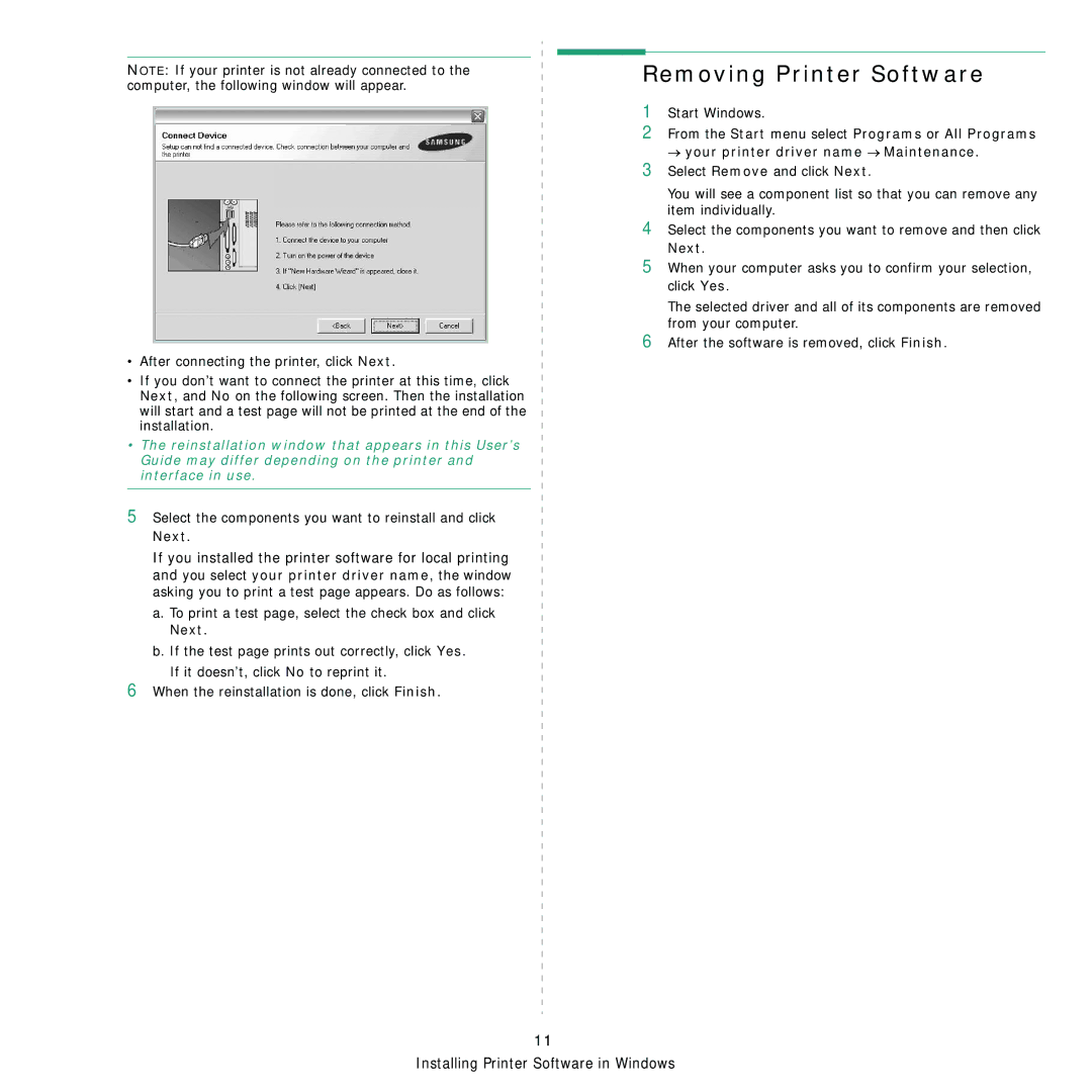 Samsung ML-4050 Series manual Removing Printer Software, Select the components you want to reinstall and click Next 