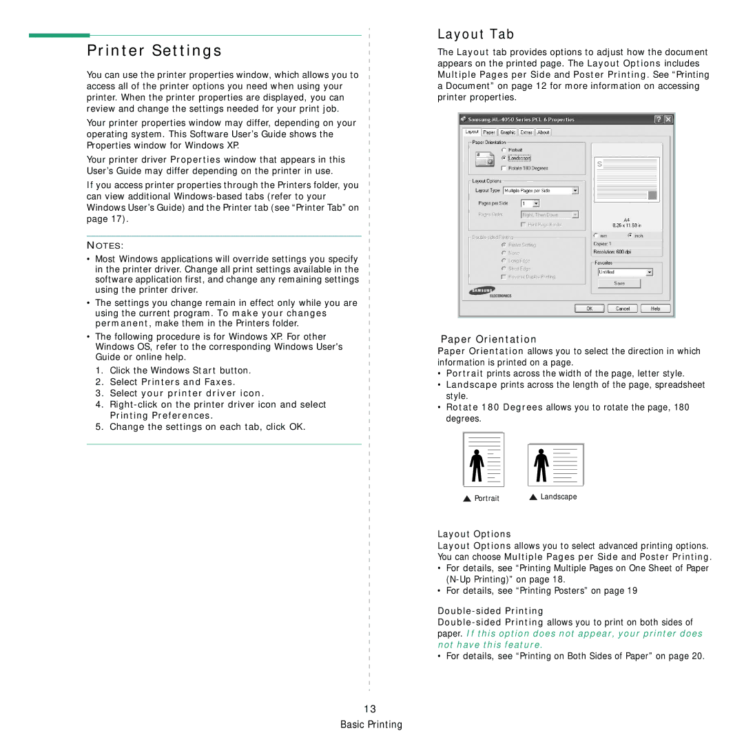 Samsung ML-4050 Series manual Printer Settings, Layout Tab, Paper Orientation 