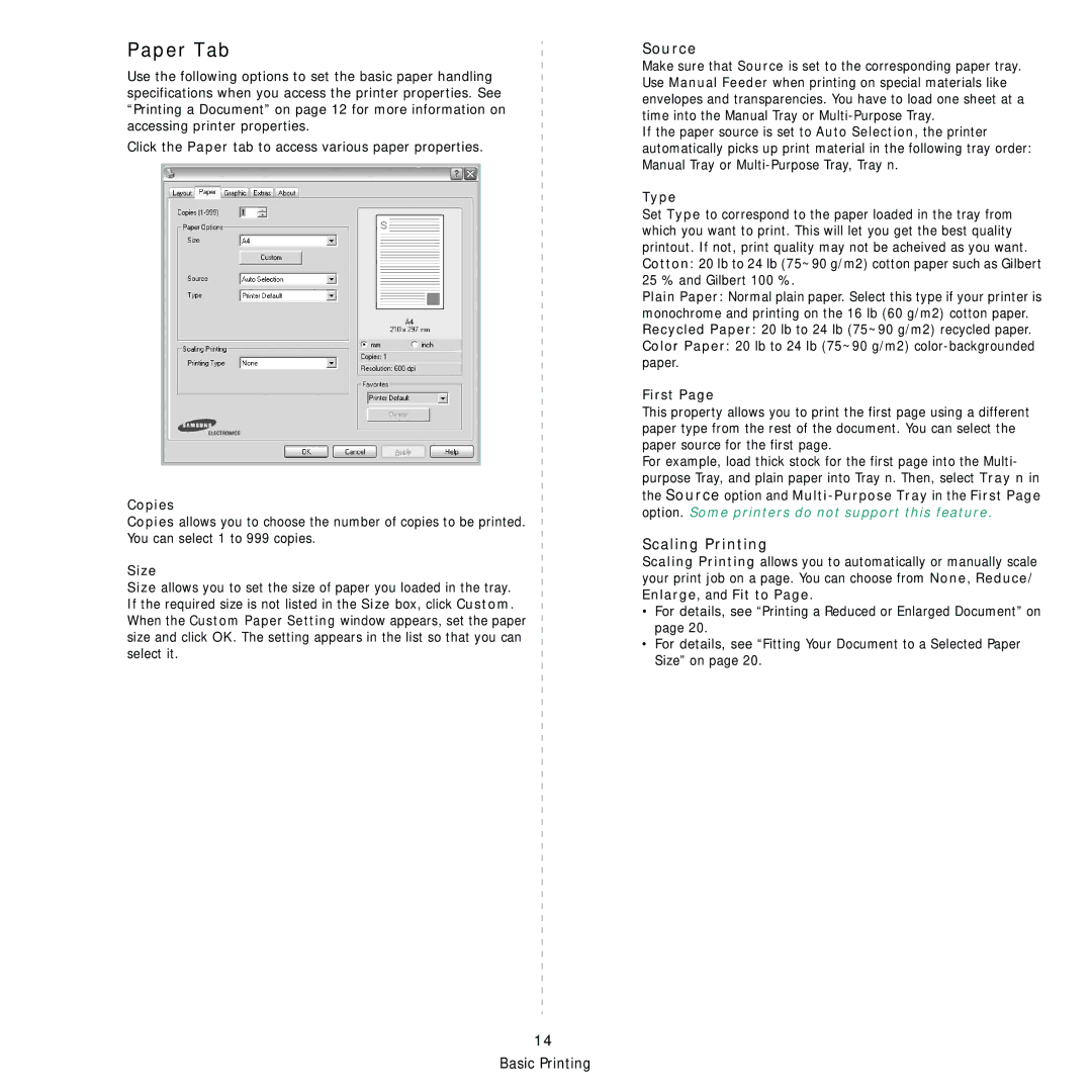 Samsung ML-4050 Series manual Paper Tab, Source, Scaling Printing 