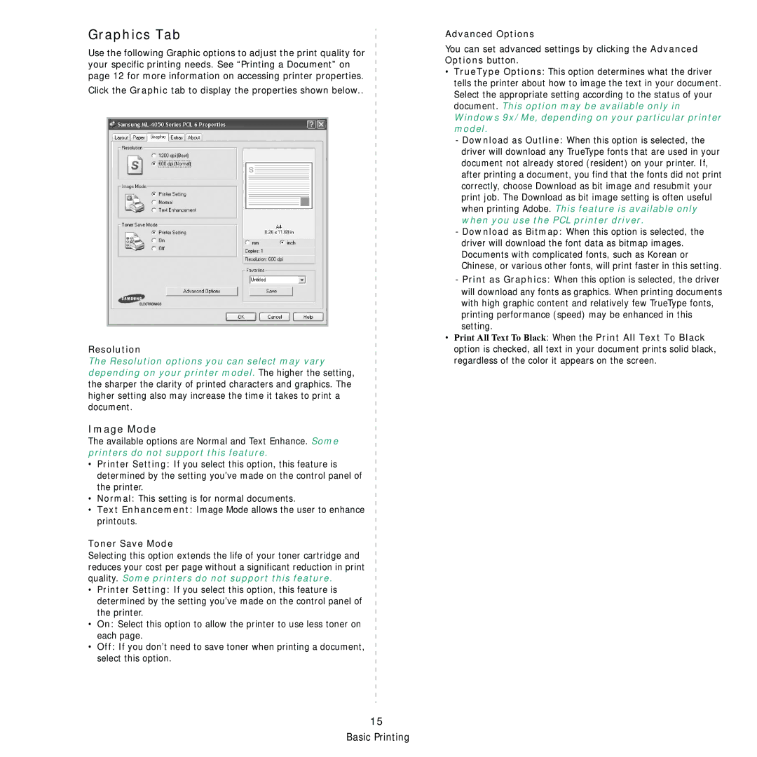 Samsung ML-4050 Series manual Graphics Tab, Image Mode, Resolution, Toner Save Mode, Advanced Options 