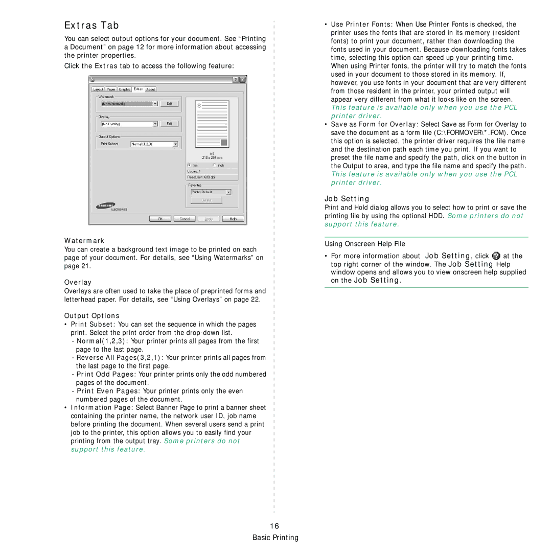 Samsung ML-4050 Series manual Extras Tab, On the Job Setting 