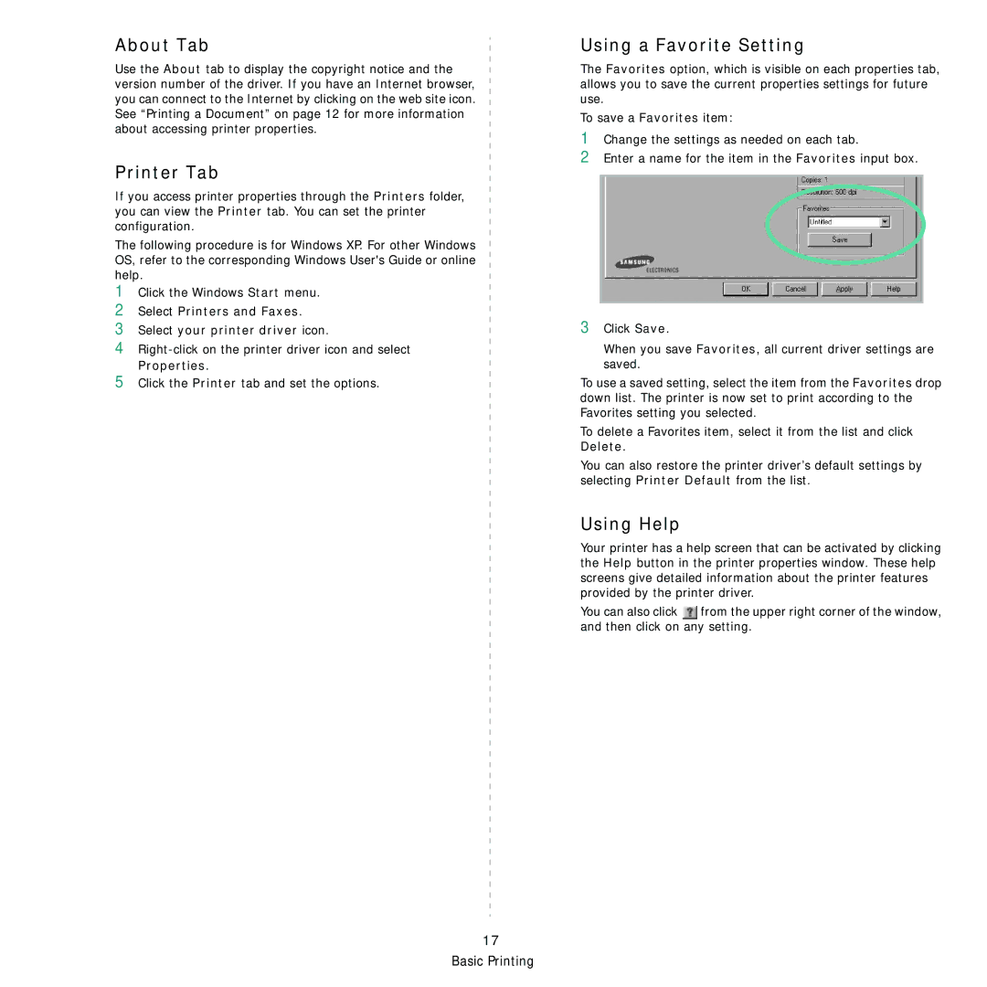 Samsung ML-4050 Series manual About Tab, Printer Tab, Using a Favorite Setting, Using Help, Properties 