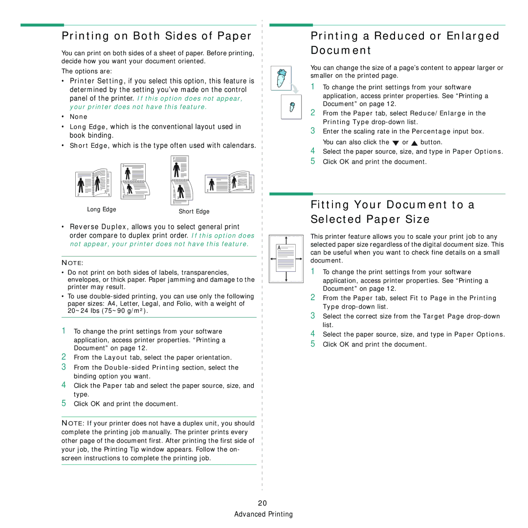 Samsung ML-4050 Series manual Printing on Both Sides of Paper, Printing a Reduced or Enlarged Document, None 