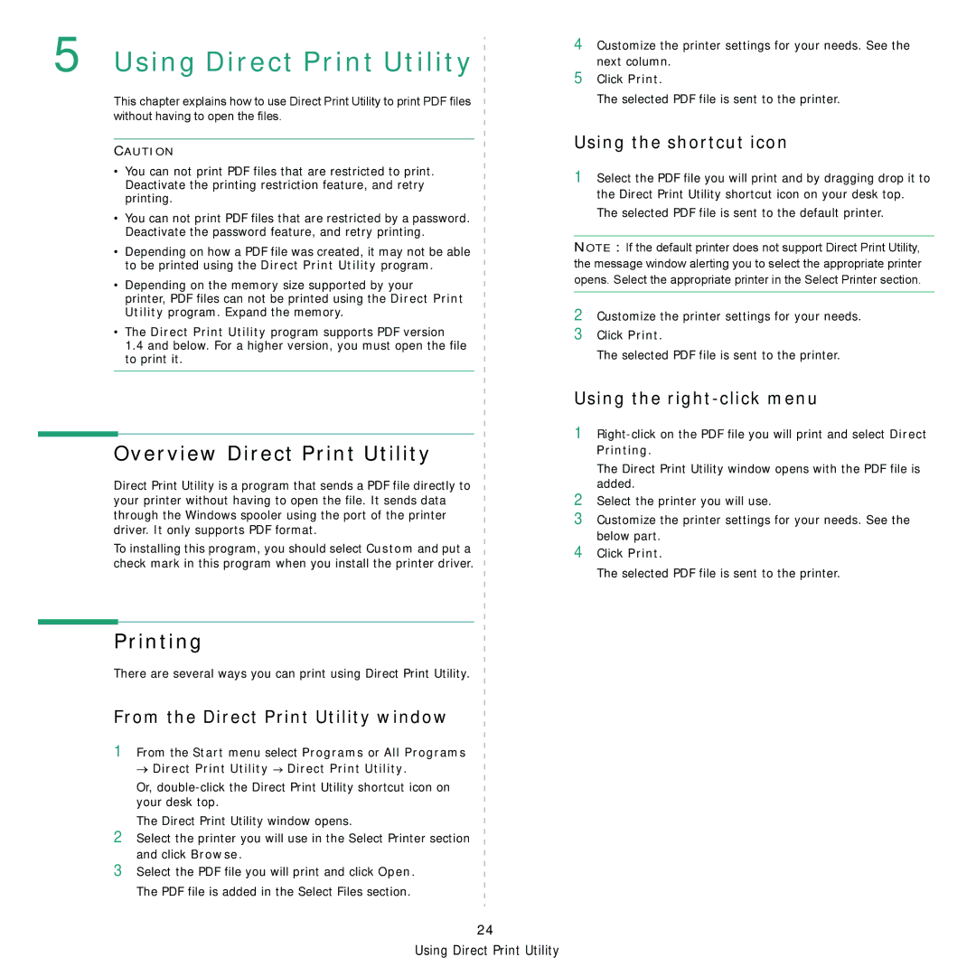 Samsung ML-4050 Series manual Overview Direct Print Utility, Printing, Using the shortcut icon, Using the right-click menu 