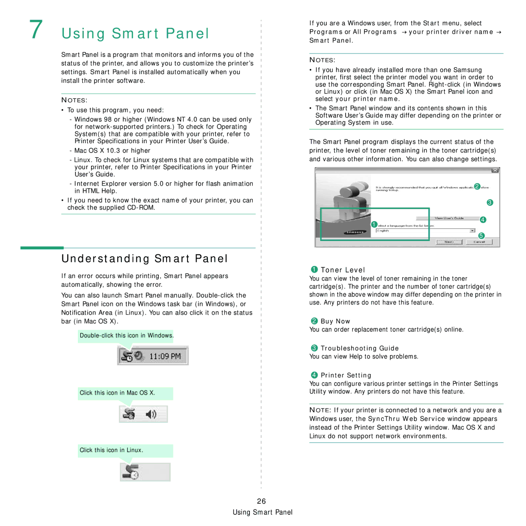 Samsung ML-4050 Series manual Understanding Smart Panel, Toner Level, Buy Now, Troubleshooting Guide, Printer Setting 