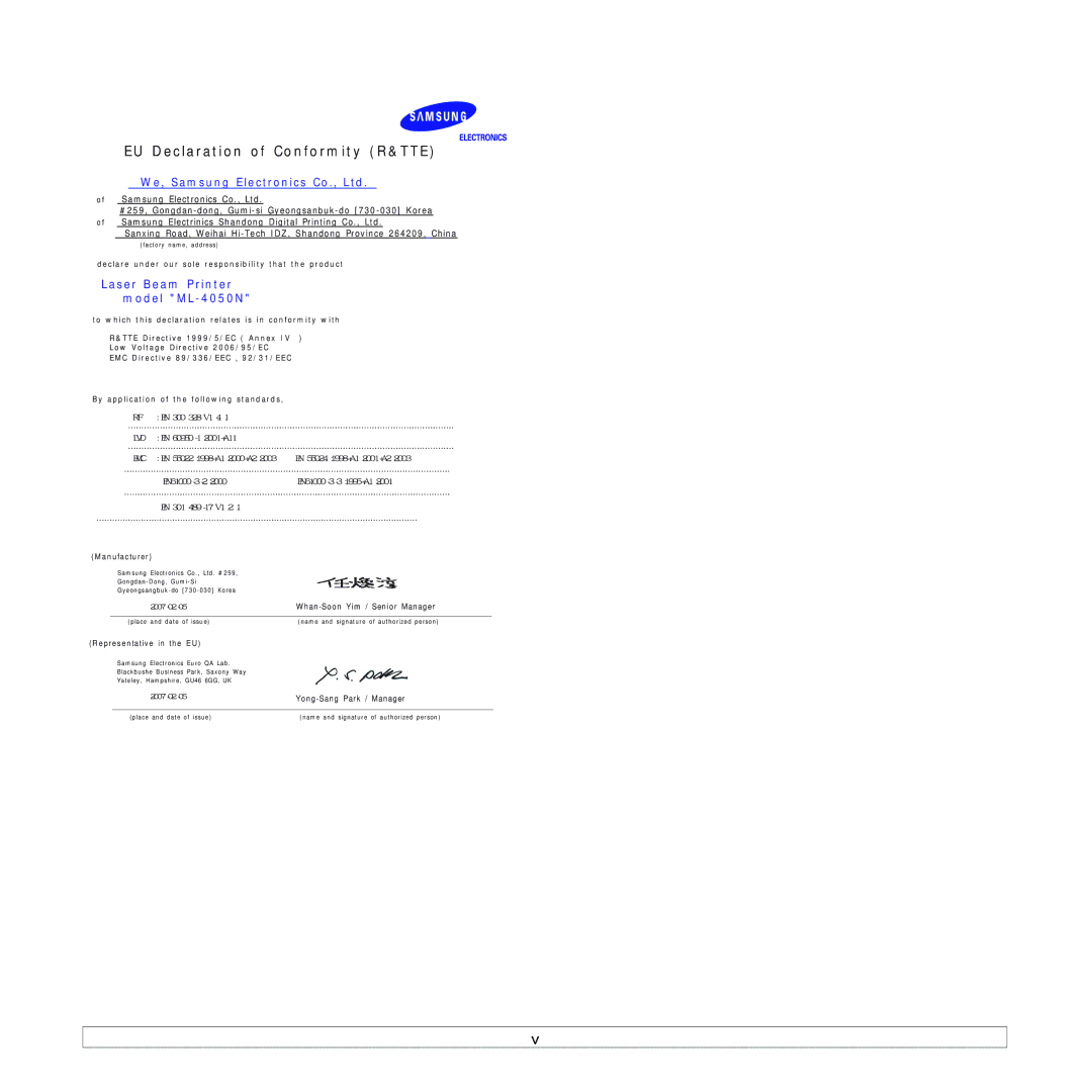 Samsung ML-4050N manual D e c la r a tio n o f Co n fo r m ity R & T T E 