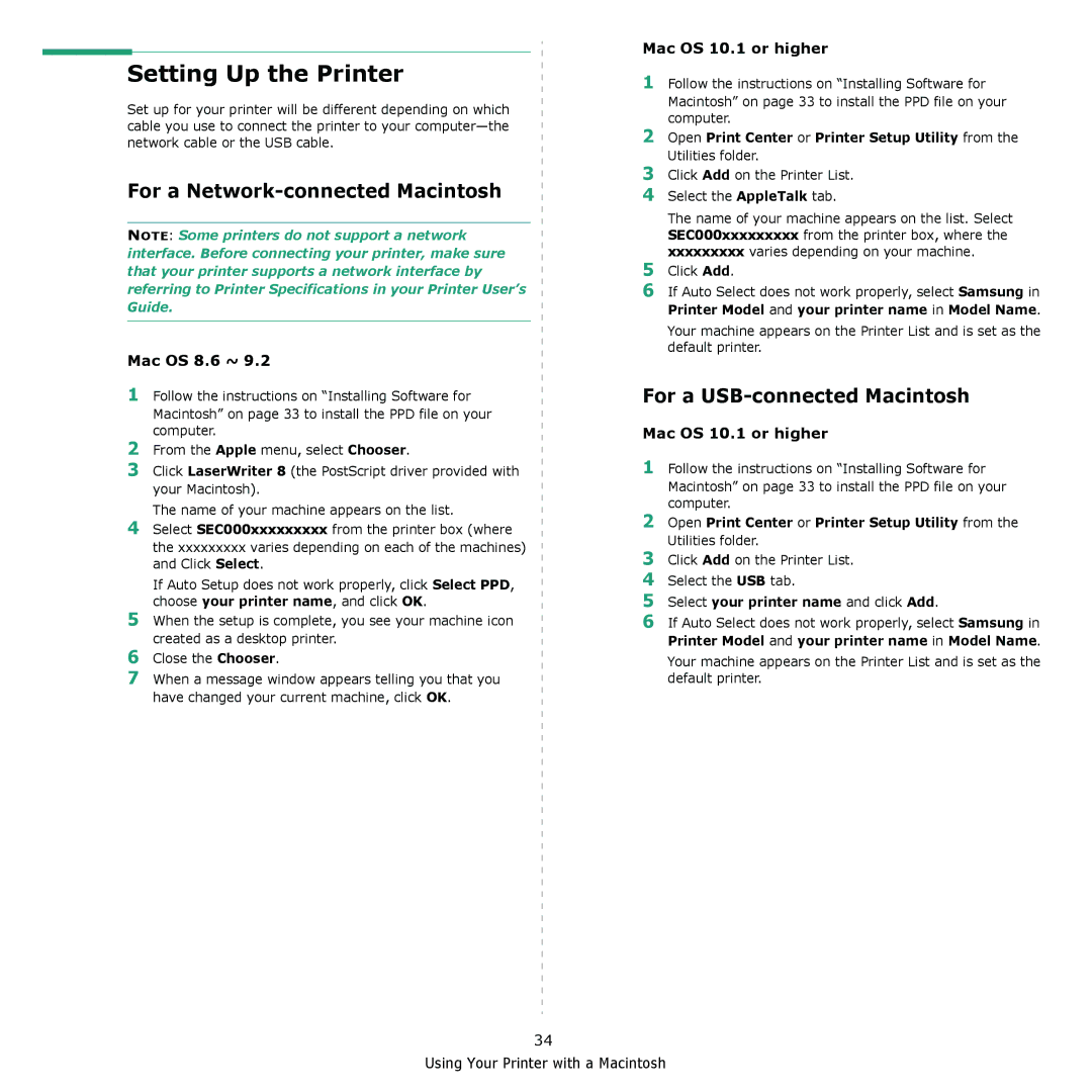Samsung ML-4050N Setting Up the Printer, For a Network-connected Macintosh, For a USB-connected Macintosh, Mac OS 8.6 ~ 
