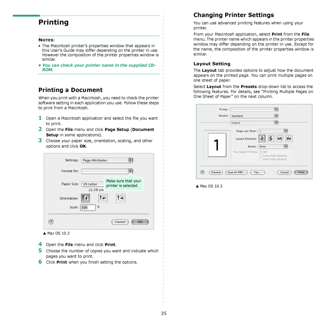 Samsung ML-4050N manual Printing a Document, Changing Printer Settings, Layout Setting 