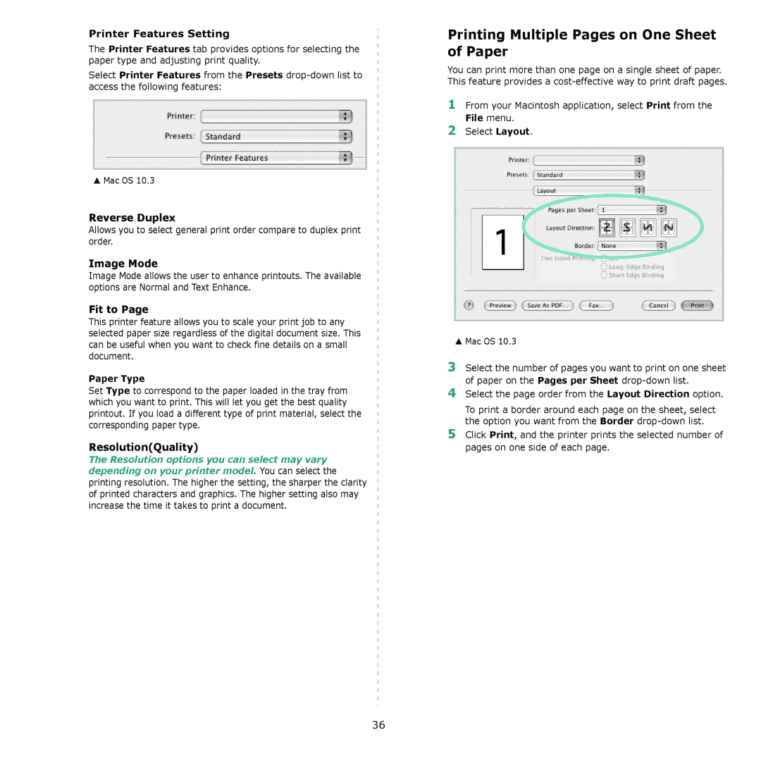 Samsung ML-4050N manual Printing Multiple Pages on One Sheet of Paper, Printer Features Setting, Reverse Duplex, Fit to 