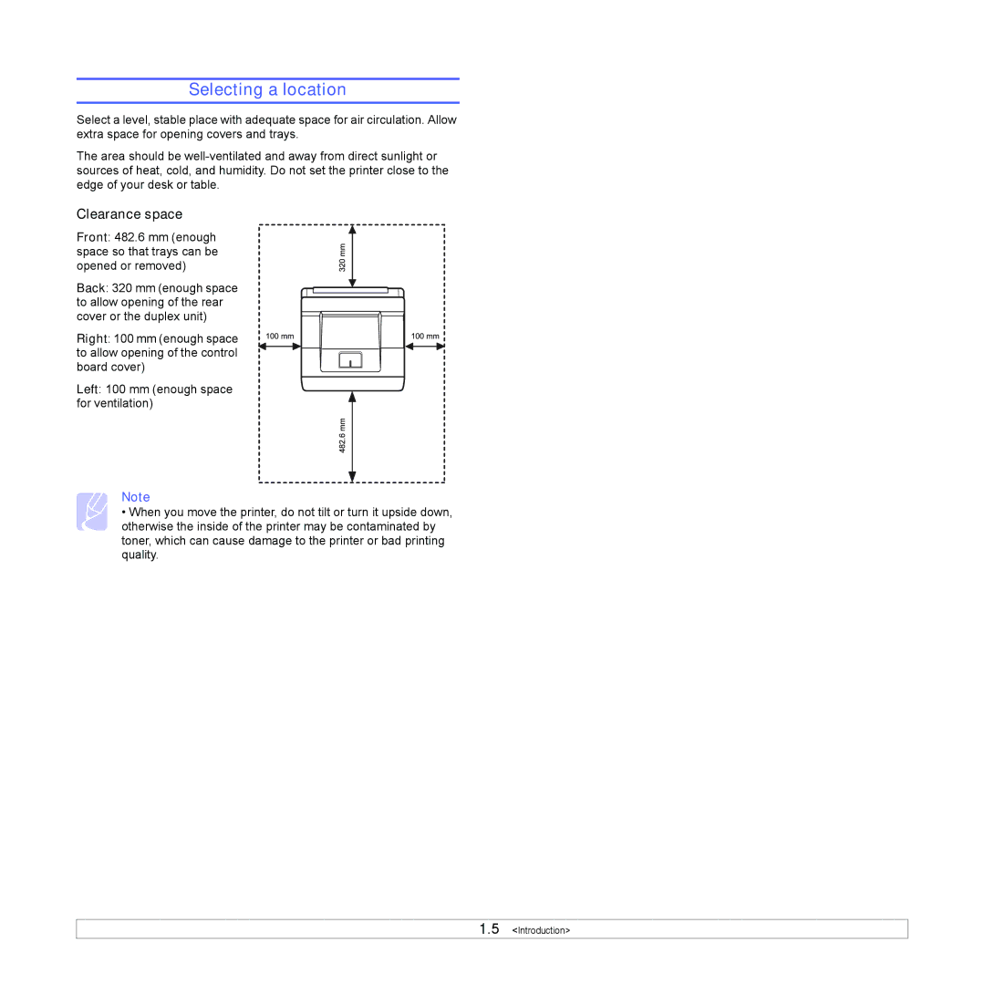 Samsung ML-4050N manual Selecting a location, Clearance space 