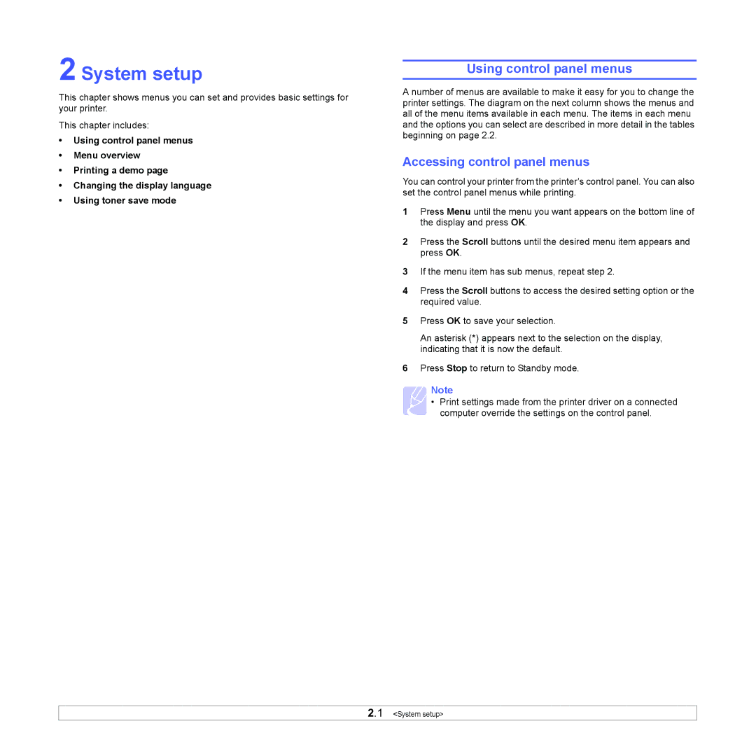 Samsung ML-4050N manual System setup, Using control panel menus, Accessing control panel menus 