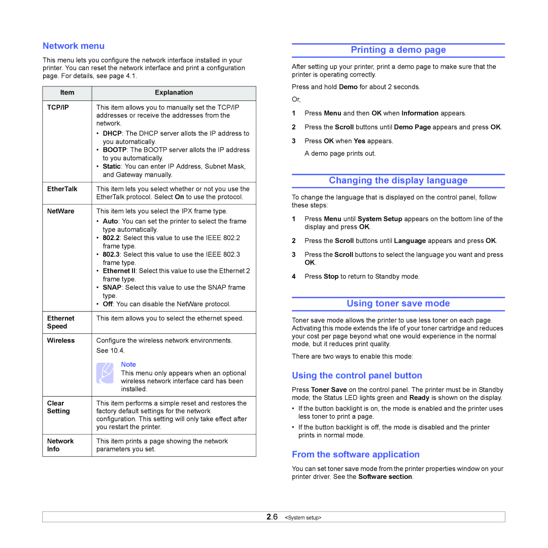 Samsung ML-4050N manual Printing a demo, Changing the display language, Using toner save mode 