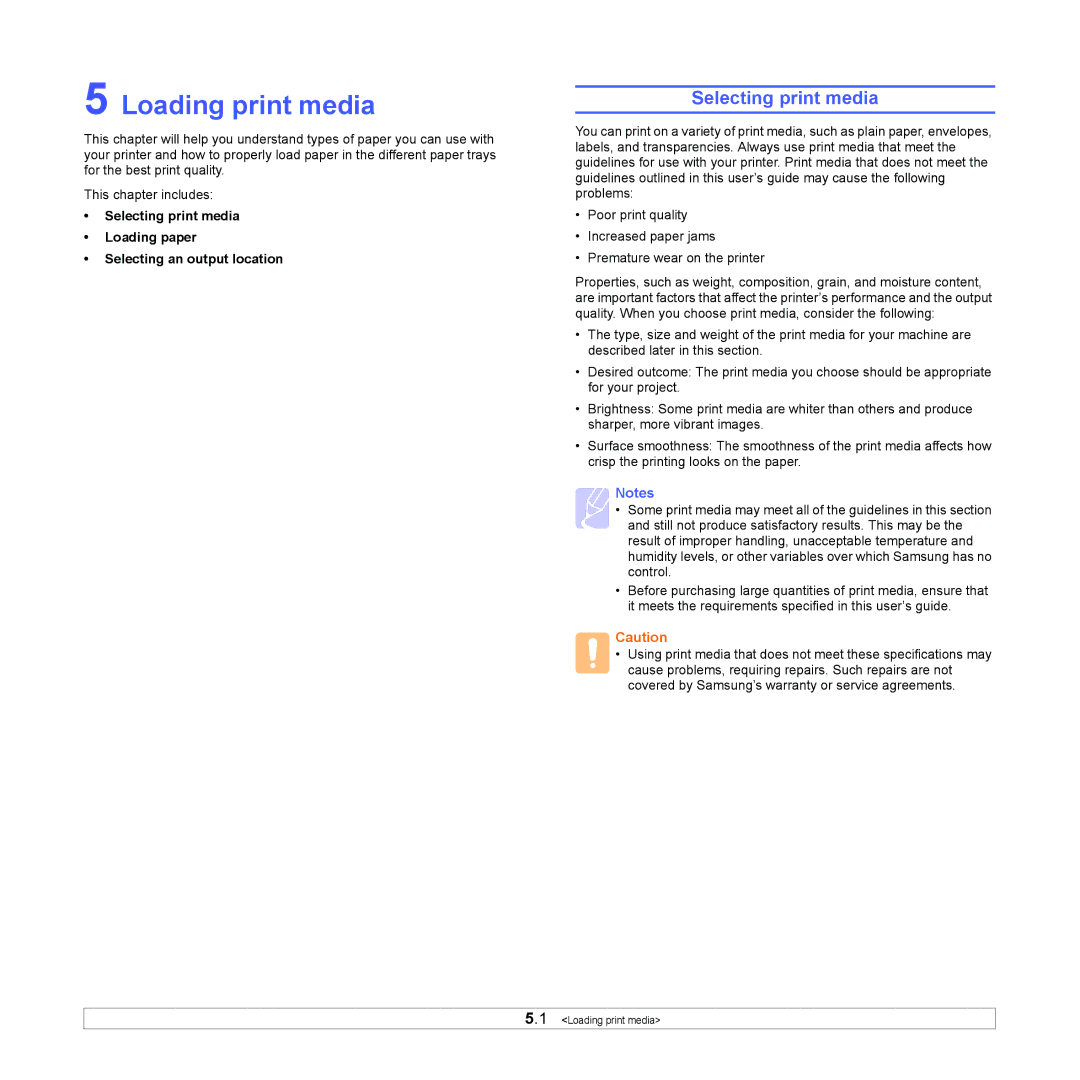 Samsung ML-4050N manual Loading print media, Selecting print media 