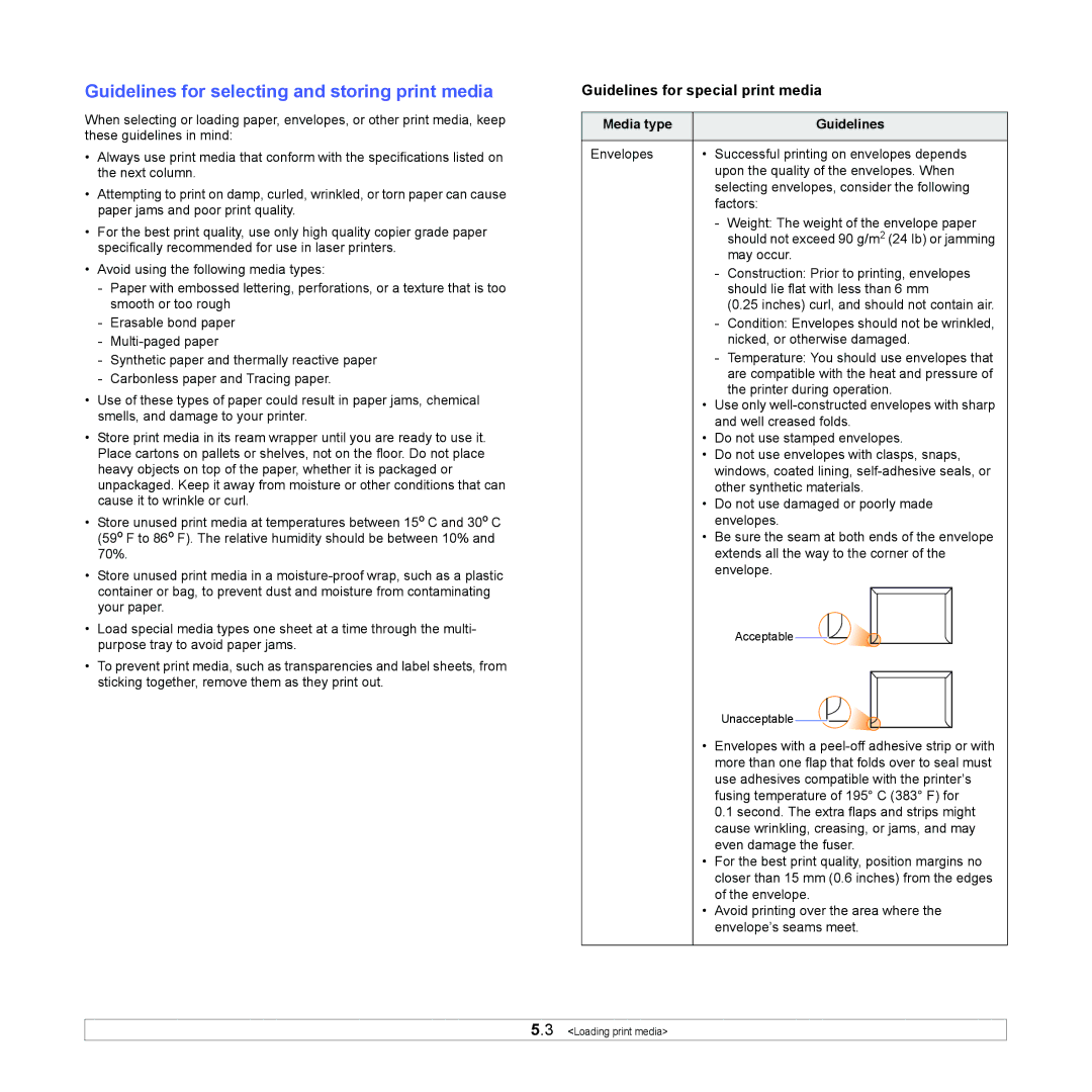 Samsung ML-4050N manual Guidelines for selecting and storing print media, Guidelines for special print media 