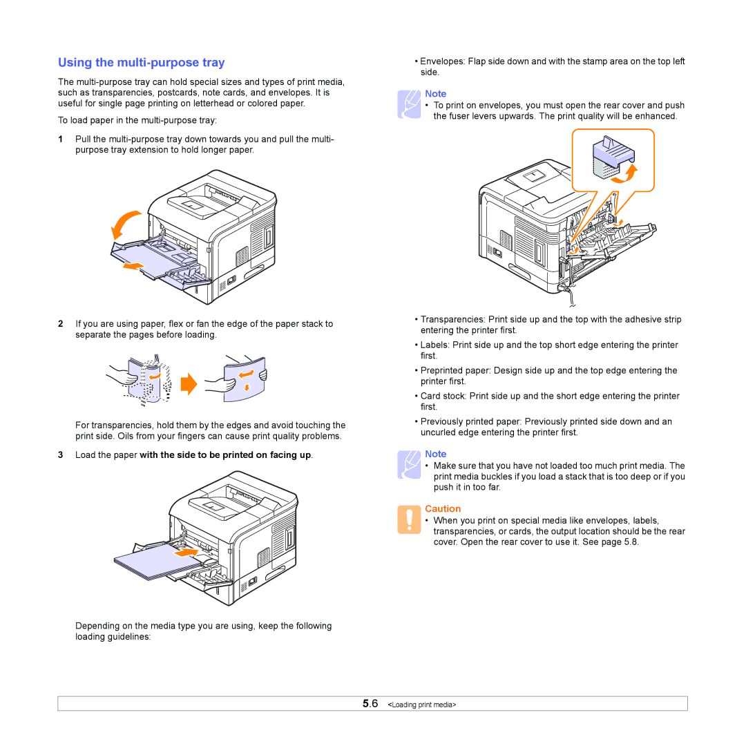 Samsung ML-4050N manual Using the multi-purpose tray, Load the paper with the side to be printed on facing up 