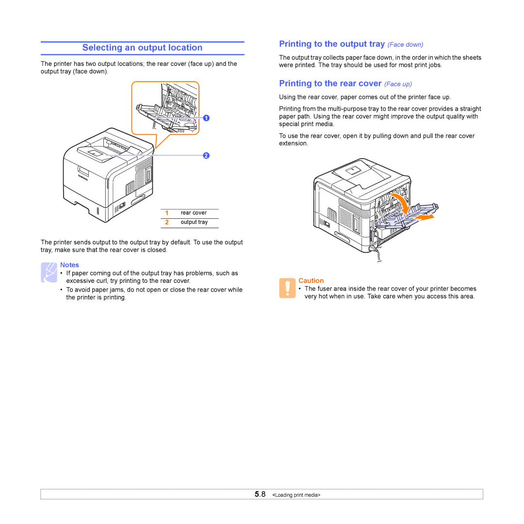 Samsung ML-4050N Selecting an output location, Printing to the output tray Face down, Printing to the rear cover Face up 