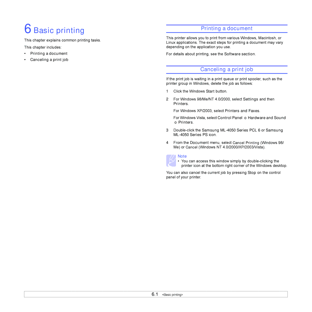 Samsung ML-4050N manual Basic printing, Printing a document Canceling a print job 